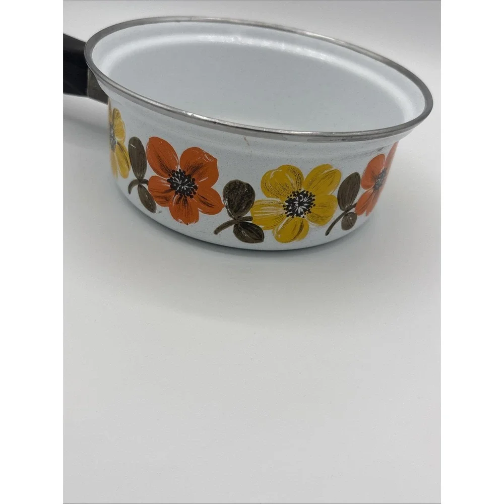 Vtg Austria Email Primavera Enamelware Saucepan Mod 70s Orange Floral Flower Pan